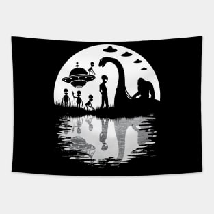 Funny Bigfoot riding loch ness monster and aliens Tapestry