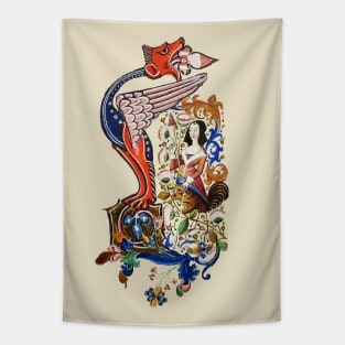 WEIRD MEDIEVAL BESTIARY Dragon and Spinning Harpy Among Flowers Tapestry
