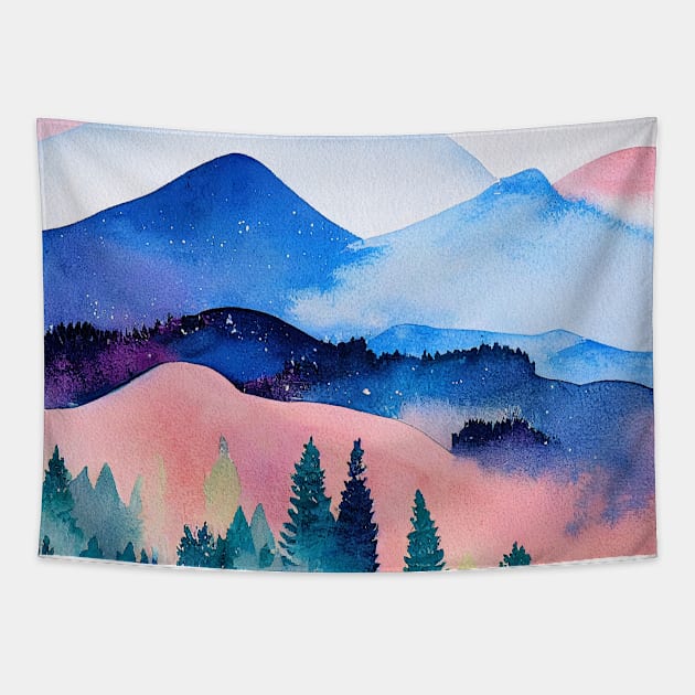 Watercolor mountains landscape 1 Tapestry by redwitchart