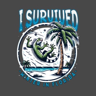 'I Survived Winter in Florida' - Tropical Iguana & Snowflakes Holiday Souvenir Design T-Shirt