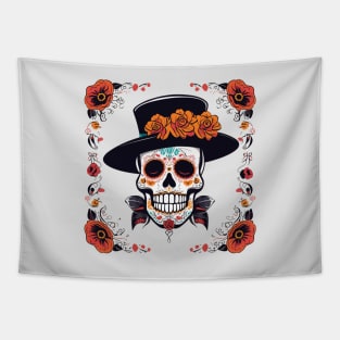 Sugar skull with top hat floral dia de los muertos halloween design Tapestry
