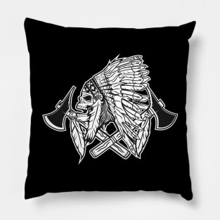 SKULL INDIAN NATIVE b;ack and white Pillow