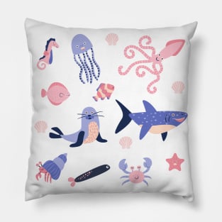 Cute sea animals underwater shark octopus seahorse happy and adorable Pillow