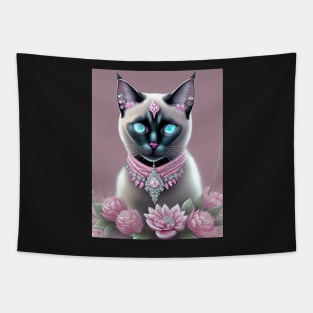 Glowing Siamese Cat and Gemstones Tapestry