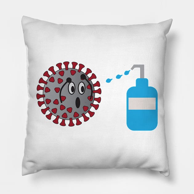 Coronavirus Character afraid Of Liquid Soap Pillow by sigdesign