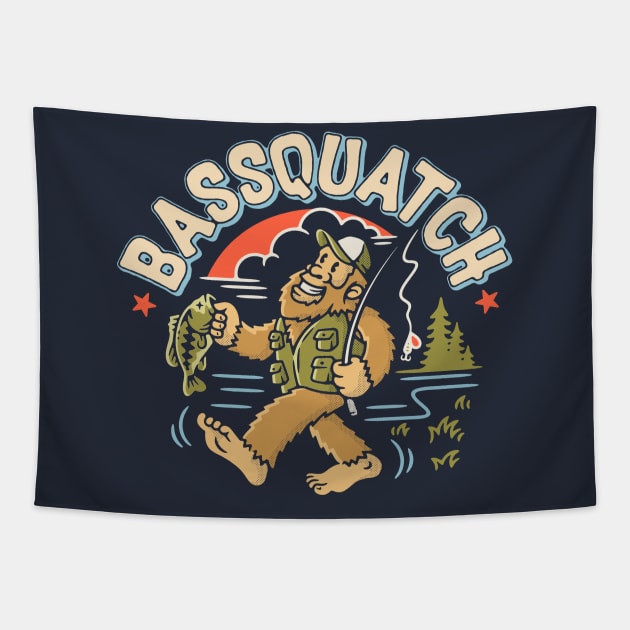 Bassquatch!  Vintage Fishing Bigfoot Fisherman Tapestry by GIANTSTEPDESIGN