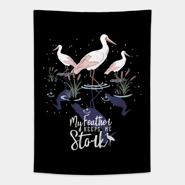 Stork Humor: 'My Feather Keeps Me Stork' Tapestry by FlinArt