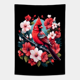 Cute Northern Cardinal Surrounded by Vibrant Spring Flowers Tapestry