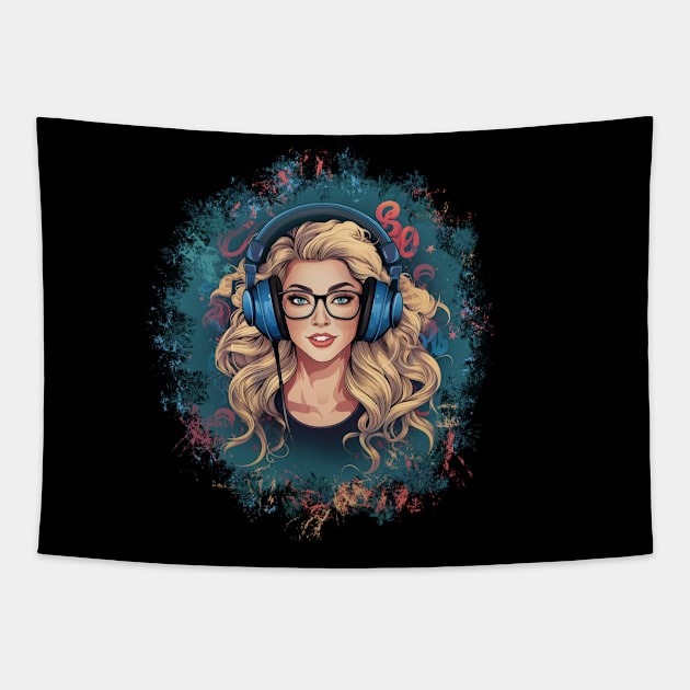 Illustration - Stylish Blonde Lady Immersed in Music, Enjoying the Beats with Headphones in a Chic Design Setting. Tapestry by Art KateDav