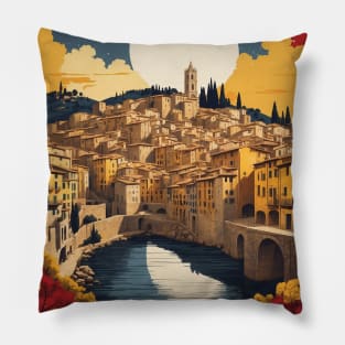 Girona Spain Starry Night Travel Tourism Retro Vintage Art Pillow