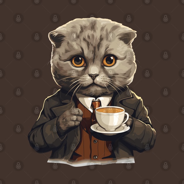 Scottish Fold Cat Drinking Coffee by Graceful Designs