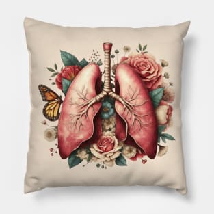 lungs cancer awareness, bloom roses floral, anatomy, watercolor, vintage style Pillow