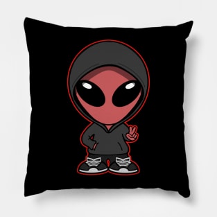 Hooded Space Alien Peace Hand Sign Red Pillow