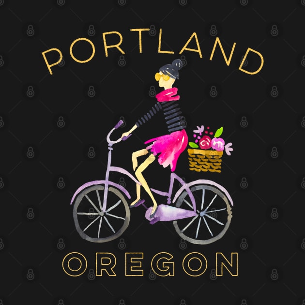 Portland Oregon Watercolor With Cute Girl Bicycling by Pine Hill Goods