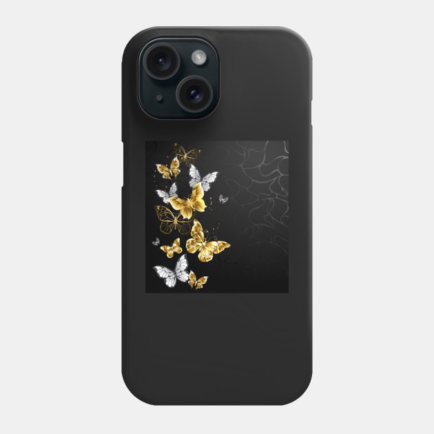 Gold and White Butterflies on black background Phone Case by Blackmoon9