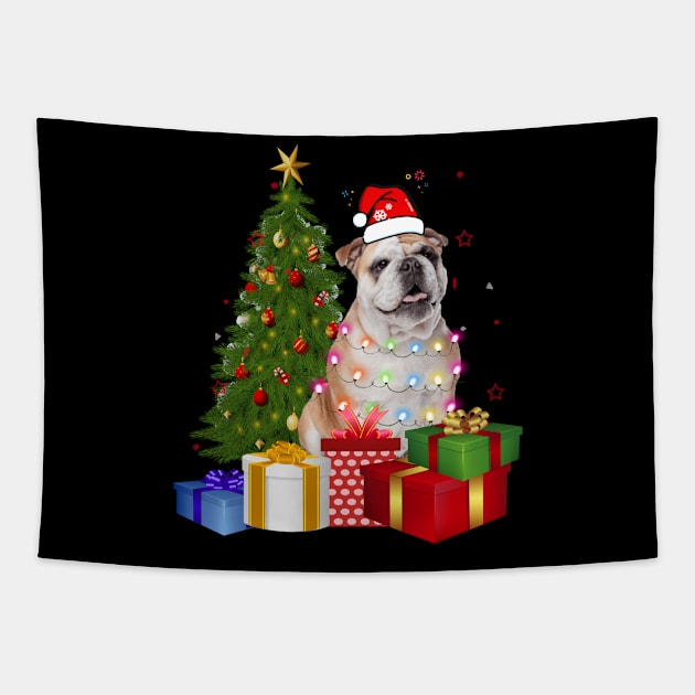 Bulldog Christmas Tree Santa Hat Funny Xmas Gift Dog T-Shirt Tapestry by CoolTees