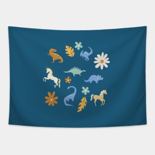 Dinosaurs + Unicorns in Blue + Umber Tapestry
