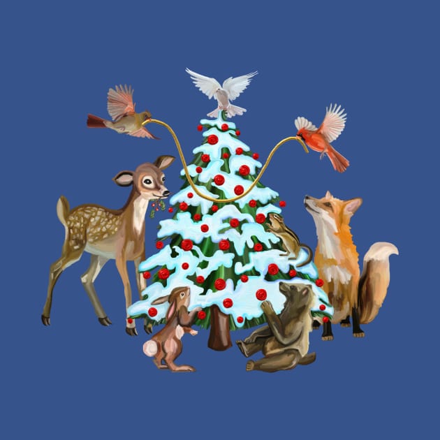 Holiday Woodland Animals Decorate the Tree by Art by Deborah Camp