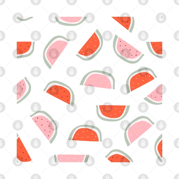 Red and pink watermelon slice with bones design on white background seamless pattern wallpaper backdrop. by Eshka