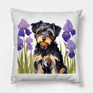 Yorkipoo Amongst Blue Irises Pillow