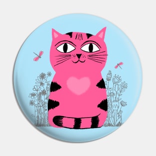 Bright Eyed Pink Heart Kitty In The Flower Garden Pin