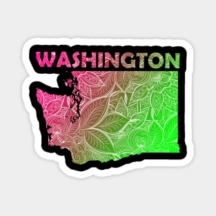 Colorful mandala art map of Washington with text in pink and green Magnet