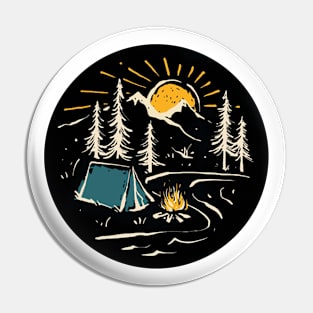 Black Camping Campfire Tent Mountains Sunrise River Pin