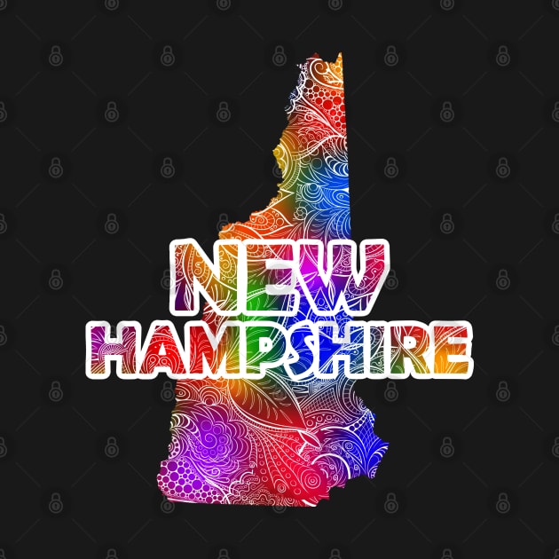 Colorful mandala art map of New Hampshire with text in multicolor pattern by Happy Citizen