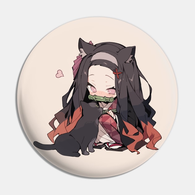 Chibi Nezuko with Cat - Nezuko Demon Slayer - Pin | TeePublic