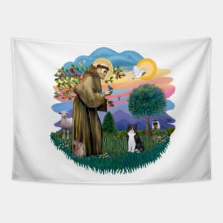 Saint Francis Blesses a Black and White Tuxedo Cat Tapestry