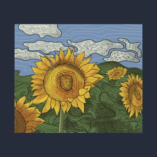 Sunflowers Landscape Colorful Line art T-Shirt