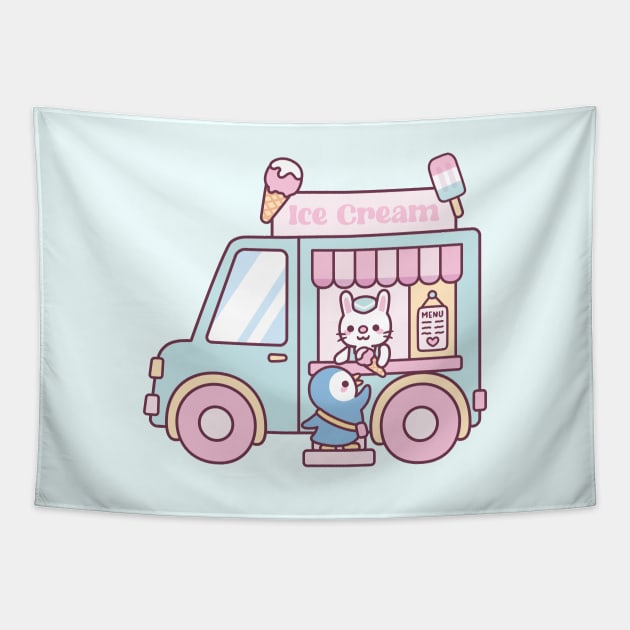 Ice Cream Truck, Cute Bunny And Penguin Tapestry by rustydoodle