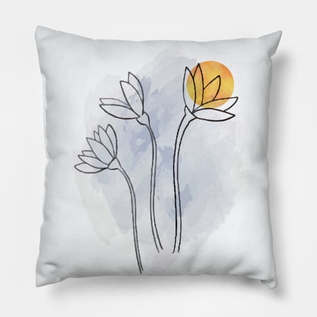 Sunset floral one line drawing, continuous line art drawing of minimal flowers and sun hand drawn vector illustration, rose flower sketchy art print Pillow by Modern Art