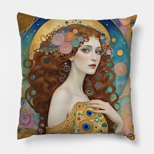 Gustav Klimt's Golden Muse: Inspired Woman in Regal Radiance Pillow