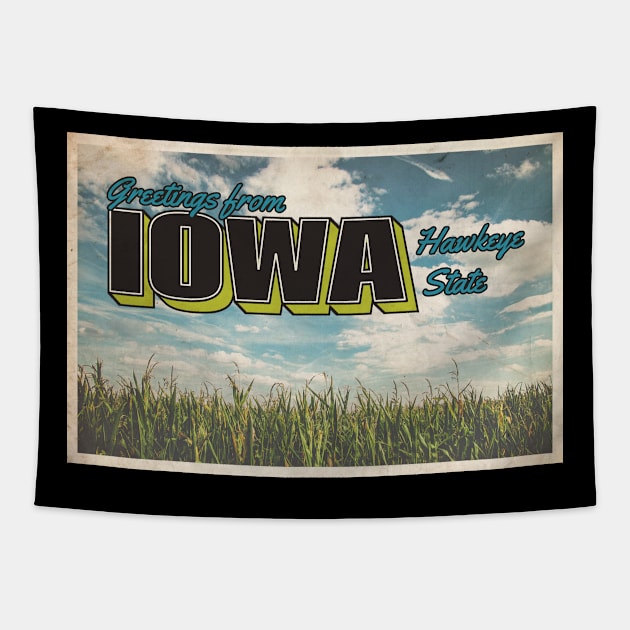 Greetings from Iowa - Vintage Travel Postcard Design Tapestry by fromthereco