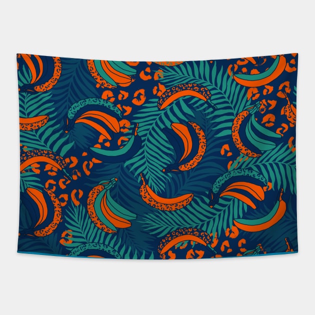 Orange and Teal Palms and Bananas Tapestry by Carolina Díaz