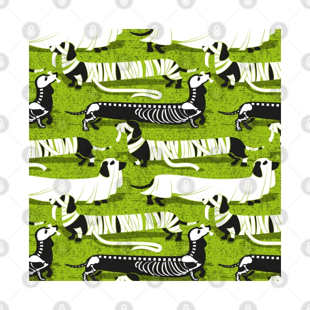 Spooktacular long dachshunds // pattern // bahia green background mummy ghost and skeleton dogs by SelmaCardoso