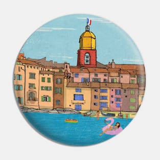 St Tropez Harbour View France Retro Inspired Style Illustration Pin