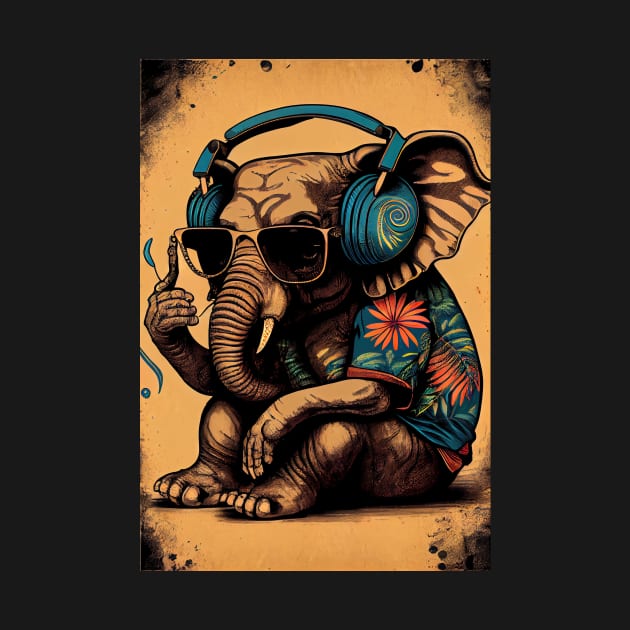 Psychedelic Elephant wearing headphones, sunglasses, and Hawaiian shirt by dholzric