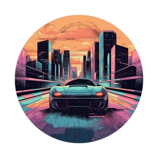 Porsche Taycan inspired car on bridge in front of a modern background city T-Shirt