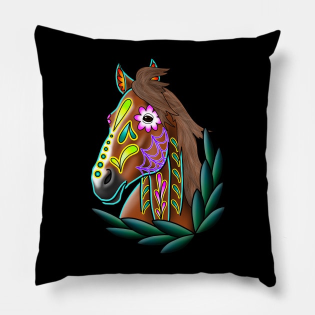 Day of the Dead Bay Sugar Skull Horse Pillow by prettyinink