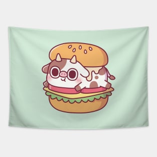 Cute Cow In A Burger Funny Tapestry