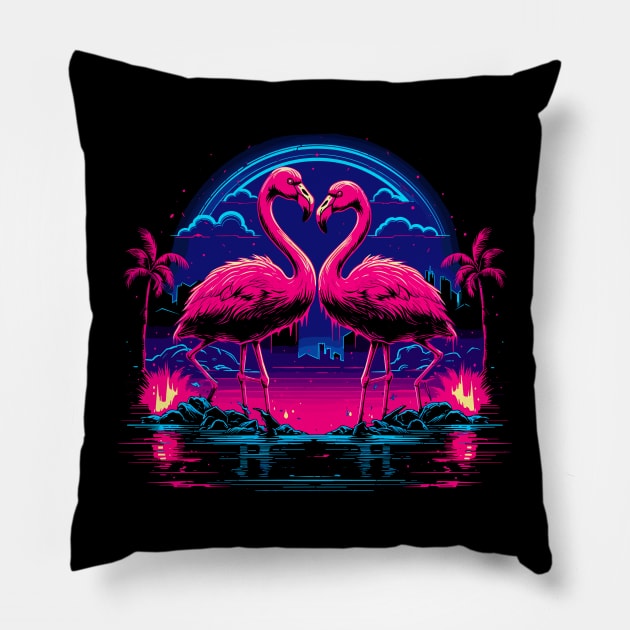 Pink Flamingos Retro Vaporwave Aesthetic Pillow by TeeTrendz