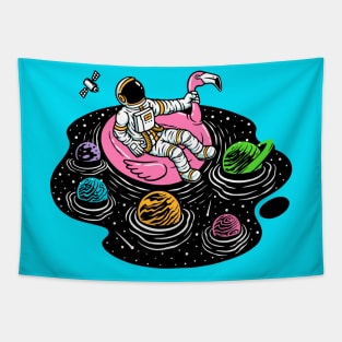 Astronaut Lounging in a Space Pool on a Pink Flamingo Floatie Tapestry