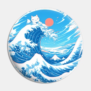 Cat riding The Great Wave off Kanagawa Pin