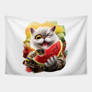 cute ukrainian cat with a watermеlon slice Tapestry