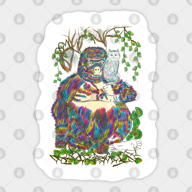 Vibrant Jungle Gorilla and Cat - Colorful - Sticker