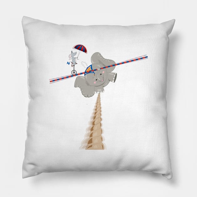 Elephant on the tightrope Pillow by RebecaZum