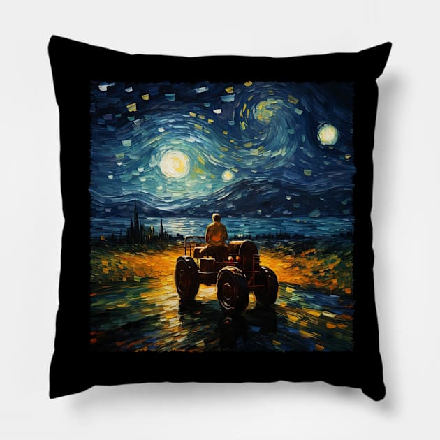 Barnyard Bliss Farmer's Fantasy Tractor And Farmer Starry Night Pillow by JocelynnBaxter