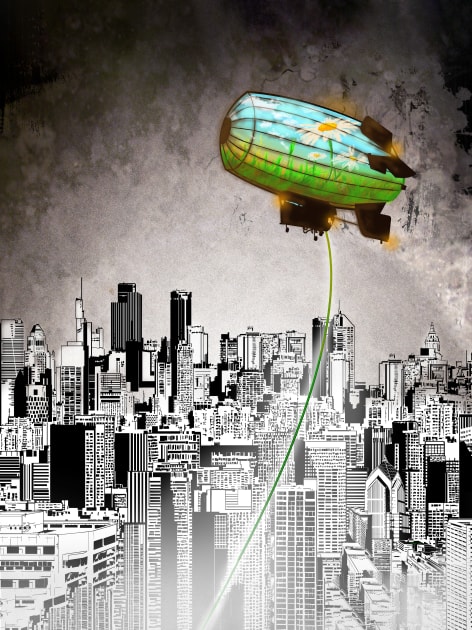 A Message green daisy blimp hovers over a cold gray city Kids T-Shirt by sandpaperdaisy